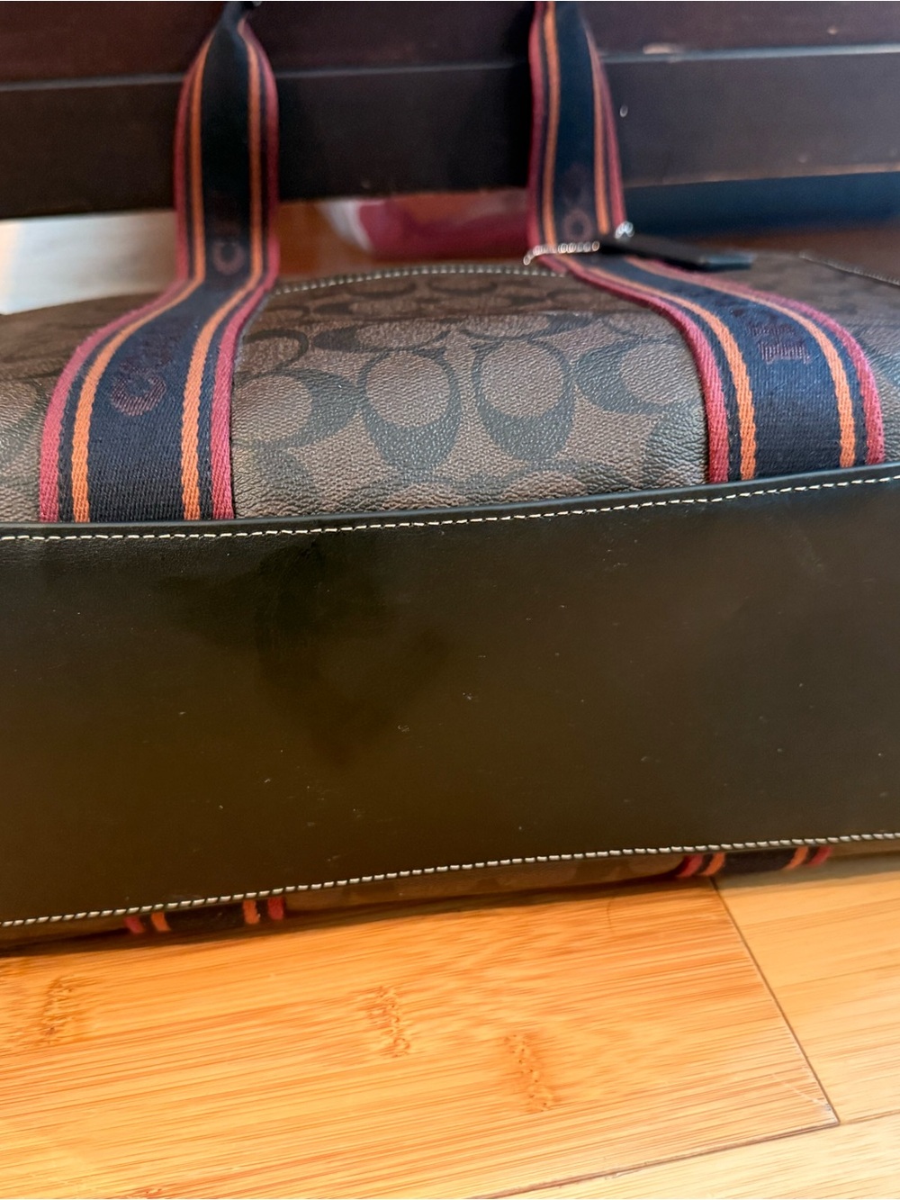 Coach Brown Signature Canvas Tote with Burgundy Accents - Picture 5 of 6